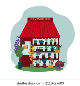 Flower stall with flowers and trees. Flat vector illustration. Isolated illustration.