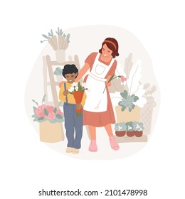 Pista de flores aislada ilustración vectorial de dibujos animados. Mercado de ferias escolares, festival al aire libre, puesto con flores coloridas, niño comprando un ramo, celebración de primavera, vectores de dibujos animados de los días soleados.