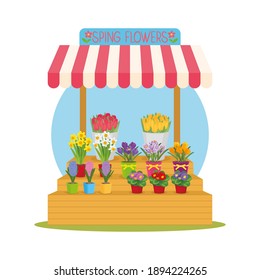 A flower stall open with an awning with spring garden flowers in pots and tulips in buckets. Vector illustration, postcard, icon, sticker, poster