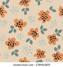 Flower Stamp Seamless Vector Pattern. Orange Flowers With Green Leaves And Texture Strokes On Nude Color Background.  Great For Home Decor, Fabric, Wallpaper, Stationery And Packaging Design Projects.