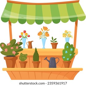 Flower stand cartoon front facade. Floral kiosk isolated on white background
