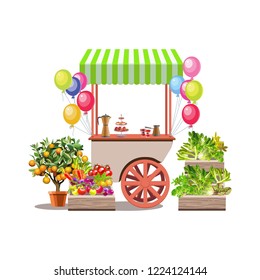Flower stand on wheels. An elegant cart with a green striped roof, an orange tree and fruit. Balloons. Green leaves and exotic flowers in wooden boxes.

