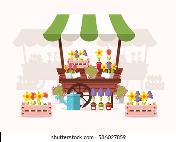 Flower Stand with Spring Flowers. Flat Design Style. 