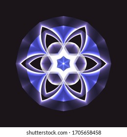 Flower or star element on a black background. Transition of shades, gradient drawing, imitation of glow. Circular design. Vector illustration