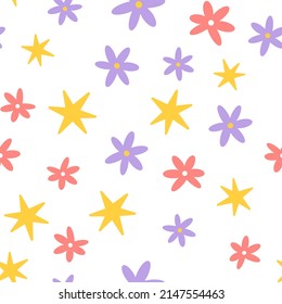 Flower and star seamless pattern. Scandinavian style background. Vector illustration for fabric design, gift paper, baby clothes, textiles, cards.