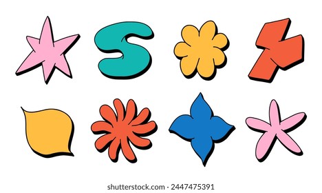 Flower and star shapes geometric abstract sticker pack in trendy retro 90s 00s cartoon style. star, wave, blob, bubble, funky flower, Groovy elements Vector illustration.