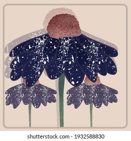 Eine Blume mit einem Stamm. Schöne blaue Blume bis zu einem Punkt. Eine Pflanze im Fleck. Grüne Stiele. Pflanzen. Vorlage für das Poster. Abstrakte Illustration.