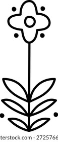 Pedúnculo floral com quatro flores de pétala, centro redondo, haste longa e folhas em camadas na arte de linha limpa. Símbolo da natureza, charme popular, harmonia e crescimento para artesanato. Ilustração de vetor de desenhos animados.