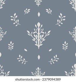 Flower with stem and leaves, branches and foliage. Ornamental motif with twigs and leafage, natural composition with plants. Seamless pattern, wallpaper or background print. Vector in flat style