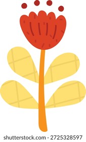 Tallo de flor con flor de pétalos, corona punteada y tres hojas estampadas en un aspecto de dibujos animados audaz. Símbolo de crecimiento, naturaleza y frescura primaveral para la marca y la decoración. Ilustración vectorial de dibujos animados.