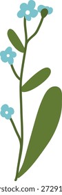 Tallo de flor con tres Pequeñas flores y hojas lisas en línea de dibujos animados limpios. Símbolo de crecimiento, naturaleza, pureza y primavera para saludar, marcar y decorar. Ilustración vectorial de dibujos animados.