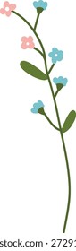 Flower stem with tiny blooms and leaves on a tall curved branch, clean line and solid shapes. Symbol of growth, nature, elegance, springtime, and tenderness. Cartoon vector illustration.