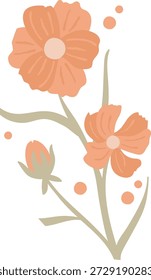 Tallo de flor con dos flores, brote, hojas y puntos decorativos en Formas limpias. Símbolo de crecimiento, naturaleza y elegancia para la marca y la papelería. Ilustración vectorial de dibujos animados.