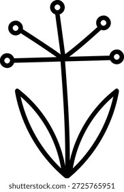 Flor con tallo, dos hojas y puntos de estampado radial dibujados en líneas de arte audaces Símbolo de la naturaleza, el crecimiento, la pureza y el patrimonio popular para la marca y la decoración. Ilustración vectorial de dibujos animados.