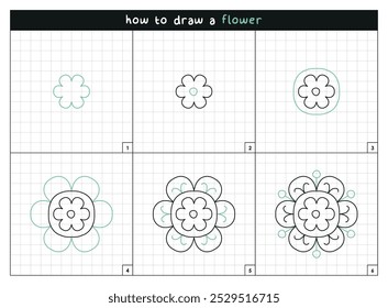 Flower step by step vector line drawing instructions