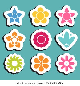 Flower sticker icon collection. Daisy symbol or logo, template, pictogram. Blossom silhouette. Colorful paper origami vector illustration