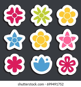 Flower sticker icon collection. Daisy symbol or logo, template, pictogram. Blossom silhouette. Colorful paper origami vector illustration