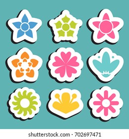 Flower sticker icon collection. Daisy symbol or logo, template, pictogram. Blossom silhouette. Colorful paper origami vector illustration