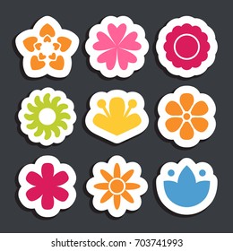 Flower sticker icon collection. Daisy symbol or logo, template, pictogram. Blossom silhouette. Colorful paper origami vector illustration