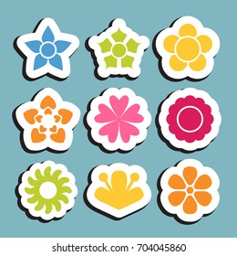 Flower sticker icon collection. Daisy symbol or logo, template, pictogram. Blossom silhouette. Colorful paper origami vector illustration