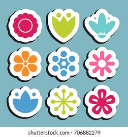 Flower sticker icon collection. Daisy symbol or logo, template, pictogram. Blossom silhouette. Colorful paper origami vector illustration