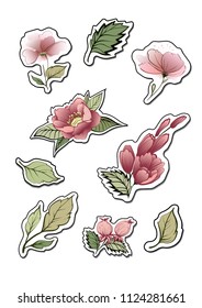 Flower stickers. Design elements for notes. Decorative vector icons with flowers, leaves. Illustrations for scrapbooking