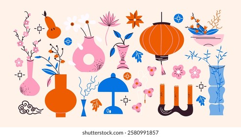 Flower stickers in Japanese style ikebana bonsai. Set of blooming flowers in vases, twigs and foliage, plants, bamboo. Geometric spring bouquets, trendy cartoon retro style