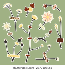Flower stickers for scrapbooking with adhesive tape, illustration, isolated