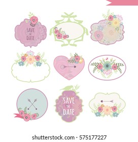 Flower stickers for scrapbooking. Can be used for wedding, the day of St. Valentine's Day and Mother's Day. Vintage labels with flower. Vector.