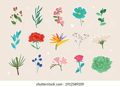 Flower stickers vector illustration. Beautiful flower collection with peony, chamomile, rose, sakura, magnolia, leaves, romantic floral elements. Floral isolated doodle icons.