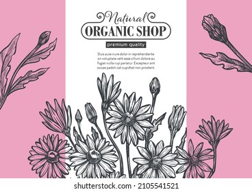 Flower Store Or Cosmetic Products Store, Organic Shop With Premium Quality Production. Bouquet Of Flowers, Wildflower Foliage And Blooming, Monochrome Sketch And Marketing. Vector In Flat Style