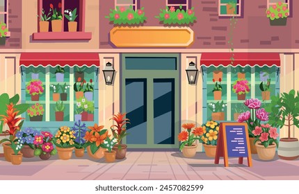 Flower  store. Exterior of a flower shop. Beautiful showcases with many flowers Large set of indoor plants and flowers. Hand drawing vector in cartoon.