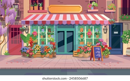 Flower  store. Exterior of a flower shop. Beautiful showcases with many flowers Large set of indoor plants and flowers.Set of flowers in pots on a white background, hand drawing vector in cartoon.