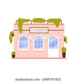 Fachada de la tienda de flores, pared de ladrillo rosa con ventanas arqueadas, puerta y Ilustración vectorial de letrero