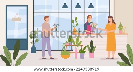 Flower store. Florist making bouquet for female client. Cheerful male customer buying plants. Woman standing at counter and welcoming retail store visitors. Selling houseplants in pots vector