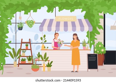 Tienda de flores. Florista de pie en el mostrador, cliente visitando tienda y comprando ramo para vacaciones. Venta de macetas para la decoración de la casa. Servicio al por menor con ilustración vectorial joven