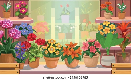 Flower  store. Flowers are on the shelves. Large set of indoor plants and flowers.Set of flowers in pots.Interior of a flower shop. Beautiful showcases with many flowers Large set of indoor plants 