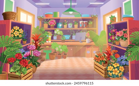 Florería. Las flores están en los estantes. Grande conjunto de plantas y flores interiores. Conjunto de flores en macetas. Interior de una floristería. Hermosas vitrinas con muchas flores Grande conjunto de plantas de interior 