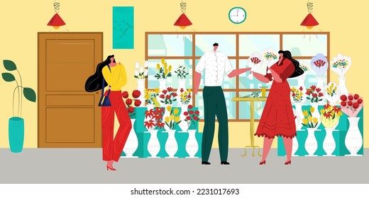 Flower store, man woman people at shop, vector illustration. Florist character hold bouquet, flat female buy cartoon plant. Professional work