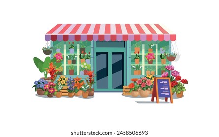 Tienda de flores sobre un fondo blanco. Exterior de una florería. Hermosas vitrinas con muchas flores Grande conjunto de plantas interiores y flower.Set de flores en macetas sobre un fondo blanco, dibujo a mano 