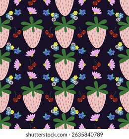 Flower and Strawberry seamless pattern. Hand drawn fruit background. Vector fruit, fabric, packaging. Seamless surface design.

