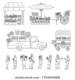 Flower street market icons set in outline sketch style, cartoon vector illustration isolated on white background. Floristic stands, vehicle and characters collection.