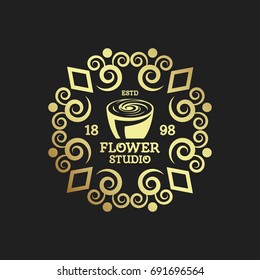 Flower studio. Emblem of workshop. Flower logo isolated label vector illustration. Floral logo.