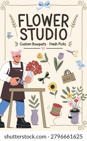 Flower studio poster with florist and custom bouquets
