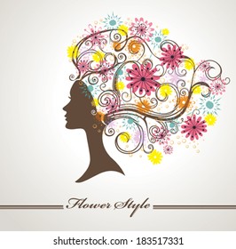 Flower Style. Beautiful female profile with hair flowers. 