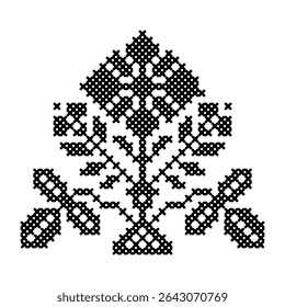 Uma flor ao estilo do ponto de cruz. Padrão de flor simétrico feito com cruzes pretas. Criatividade e bordado. Ponto de cruz. Ilustração vetorial em um fundo branco para design e web.