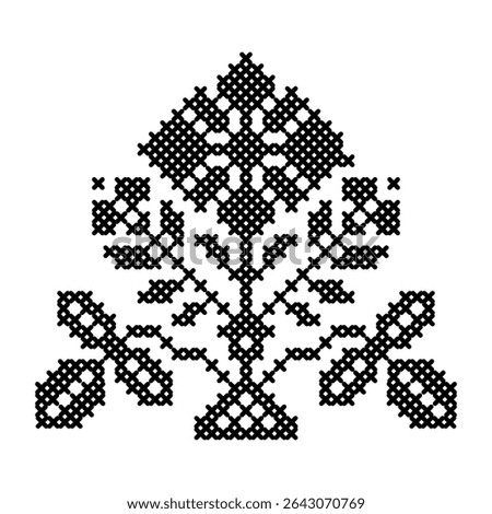 A flower in the style of cross-stitch. Symmetrical flower pattern made with black crosses. Creativity and needlework. Cross-stitch. Vector illustration on a white background for design and web.