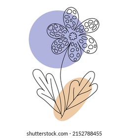 Flower in the style of line art with colored spots. vector illustration