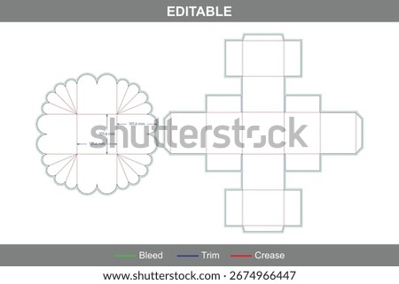 Flower style packaging box with lid dieline template, custom dimensions for elegant gift boxes and decorative carton structures with detailed packaging die line