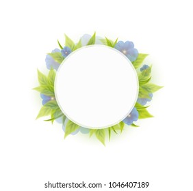 Flower summer frame with white circle for text and floral elements isolated on white background. Vector spring organic banner template for your advertising design.